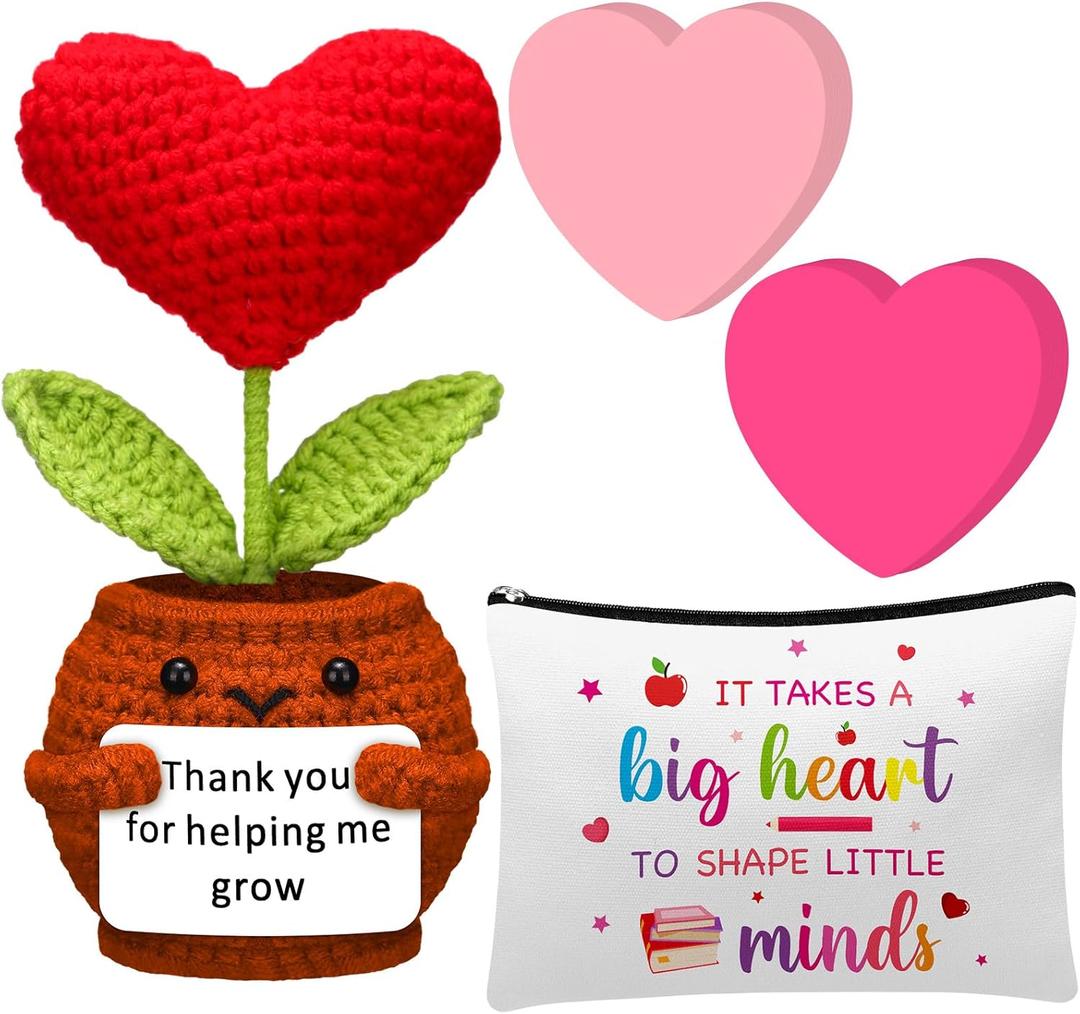 Wavwavw 4 Pcs Teacher Appreciation Gifts Set Thank You for Helping Me Grow Positive Handmade Flower Crochet Doll with Heart Sticky Notes 3x3 in and Makeup Bag for End of Year Teacher Graduation Gifts