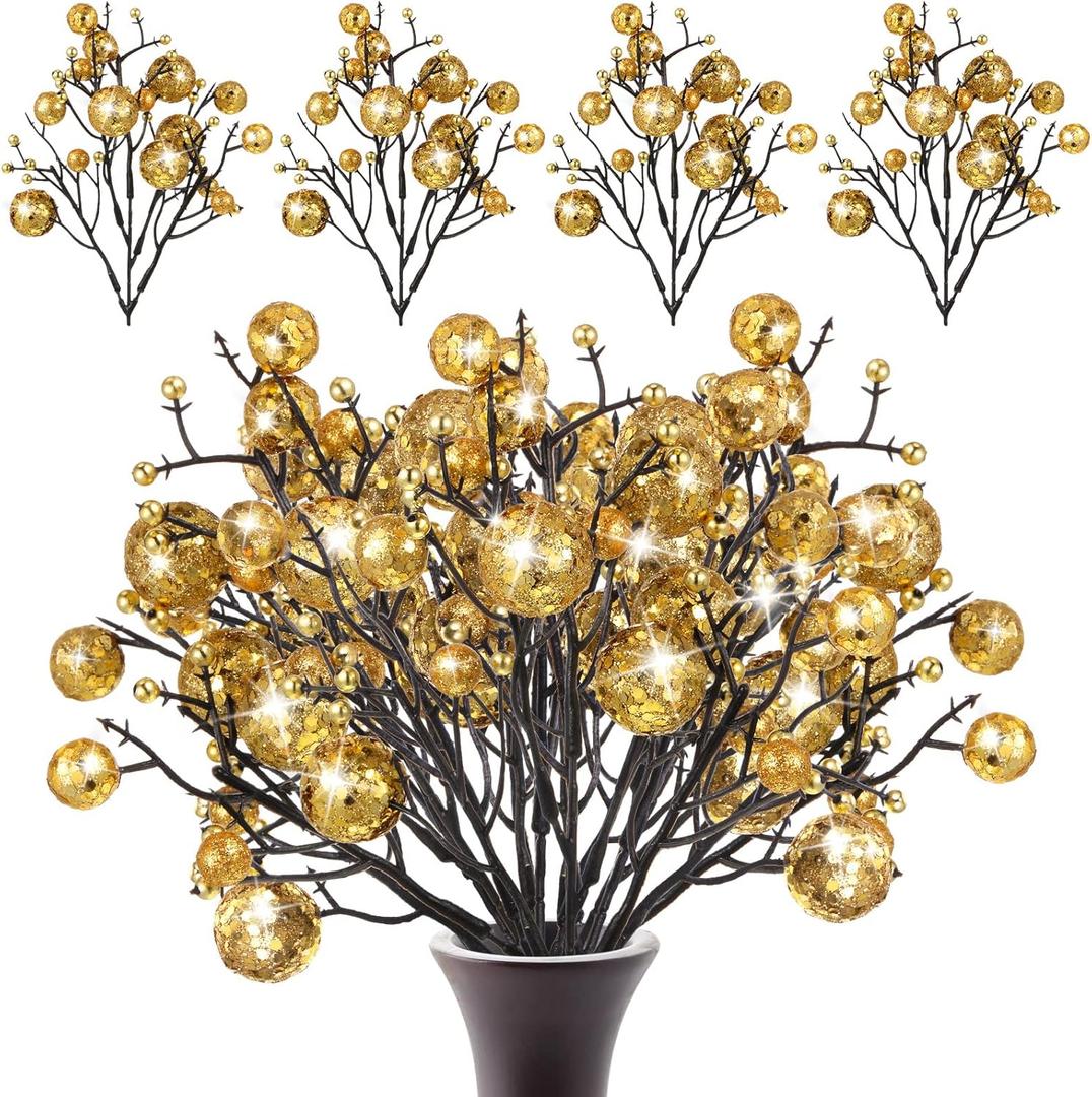 Geosar 24 Pieces Christmas Glitter Berries Stems 10 Inch Christmas Berry Picks Artificial Glittered Berries Ornaments Floral Stems for Xmas Tree,Home Wreath,Party Decoration(Gold)