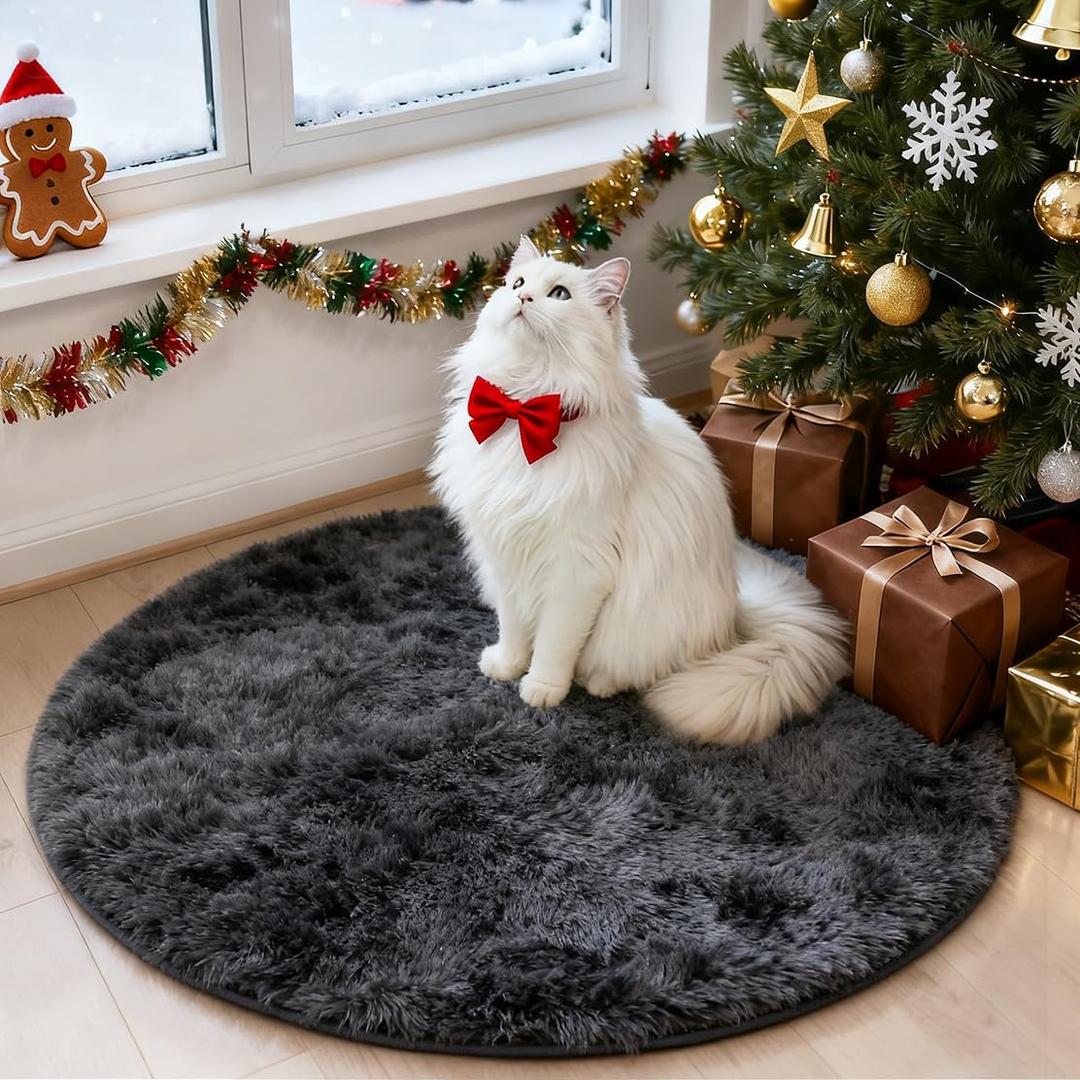 OLANLY Deep Grey Tie-dye Round Rugs for Bedroom - Machine Washable, 3x3 Feet Circle Area Rugs for Living Room, Soft and Fluffy Shaggy Carpet for Teen Girls and Boys, Dorms, Home Decor Aesthetic