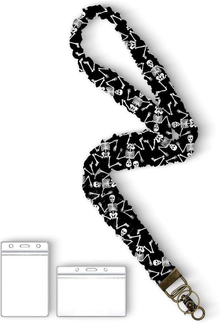 Lanyardio Stretchy Scrunchie Lanyard for ID Badges Keys, Cute Teacher Lanyard for Women with 2 Card Holders 19.6 Inch (Skeleton)