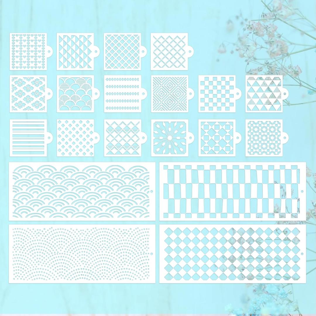 Regular Texture Geometric Painting Stencils - 20 Pcs Geometric Checkerboard Lines Waves Reusable Stencils Templates for Crafts Painting on Wood Wall Scrapbooking Cookie Cake Supplies Decor (20pcs-Texture)