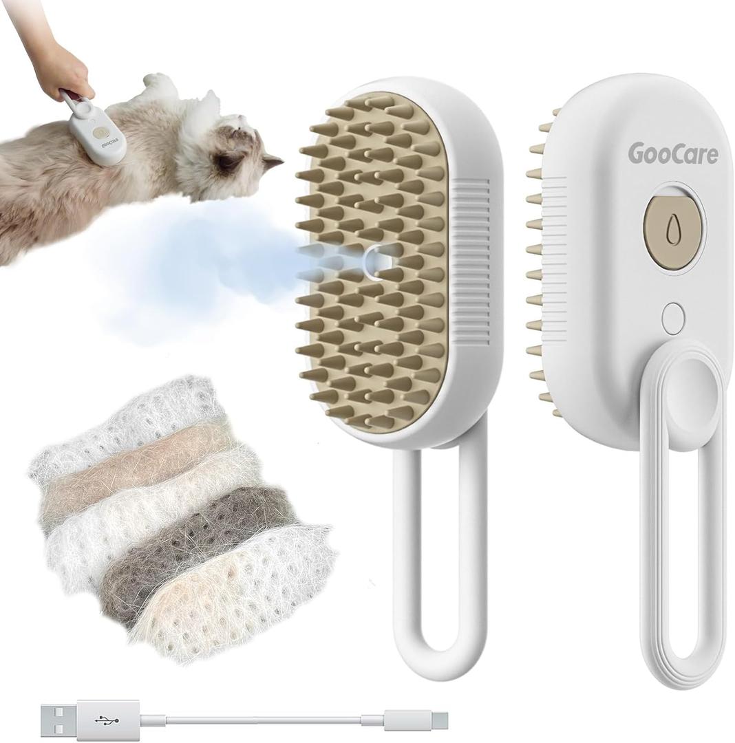 2nd Generation 3-in-1 Cat Steam Brush for Shedding, Pet Hair Removal Comb with Water Tank, Spray Cat Brush for Pet Grooming, Steamy Comb for Indoor Haired Cats, Dogs and Rabbits (Beige)