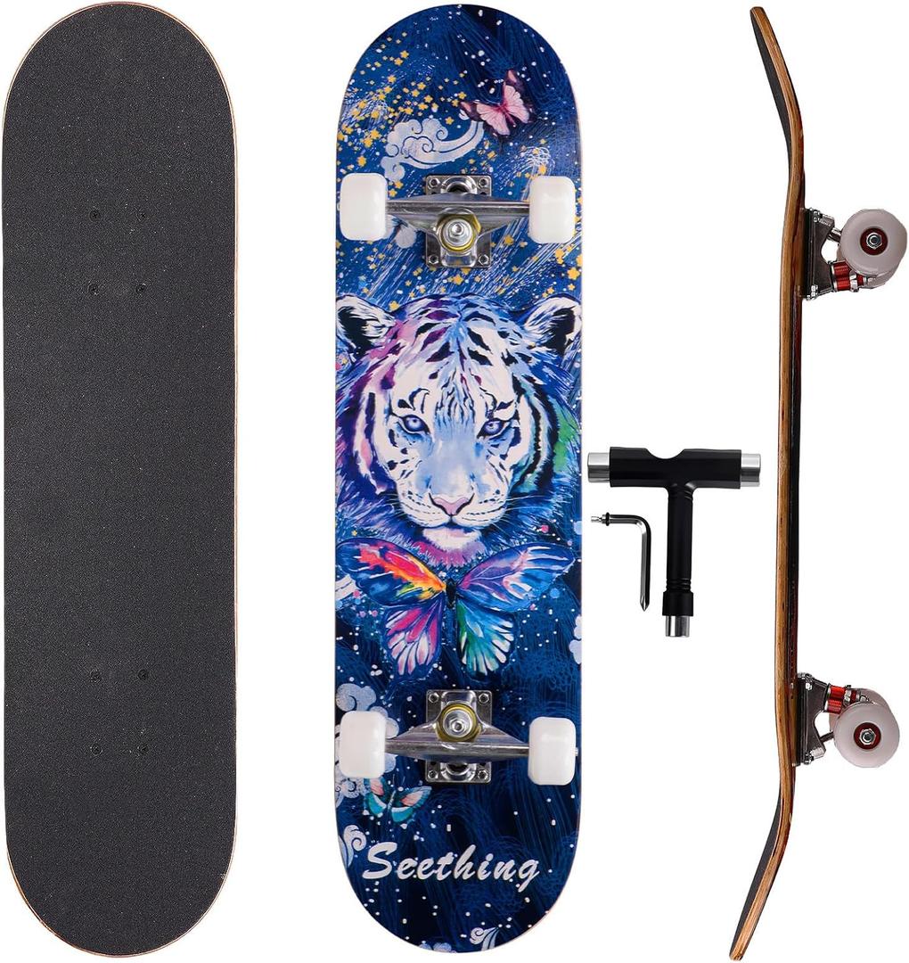 Professional Double Kick Skateboard, 31 inch Maple Deck, ABEC-9 Bearings, 95A PU Wheels