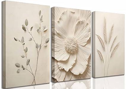 3Pcs Neutral Beige Floral Plant Canvas Wall art Textured Flower Botanical Painting Picture Wall Decor Vintage Blossom Poster Prints for Living Room Bedroom Bathroom Decoration