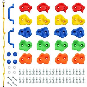 Rainbow Craft DIY Monkey Rock Climbing Holds for Kids - Wall Climbing Rocks of 20pc Rock Wall Holds, 2pc Handles & 1pc 8ft Knotted Climbing Rope - Kids Rock Climbing Holds Rock Wall Climbing Kit