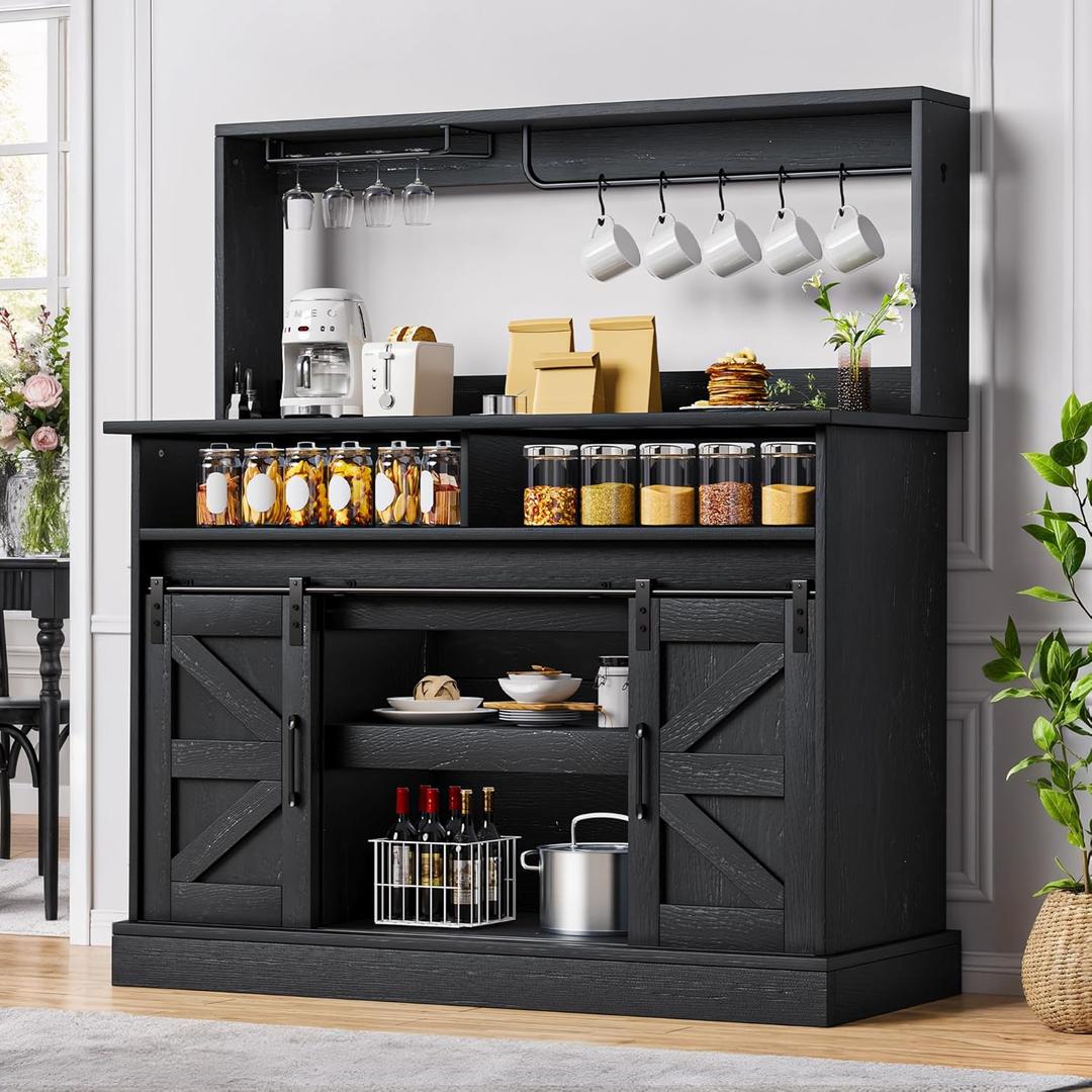 DWVO 47'' Buffet Cabinets with Upper Rack, Farmhouse Coffee Bar Cabinet with Power Outlet & Goblet Holder, Sideboard Cabinets with Sliding Barn Door for Kitchen, Living Room (Black Oak)