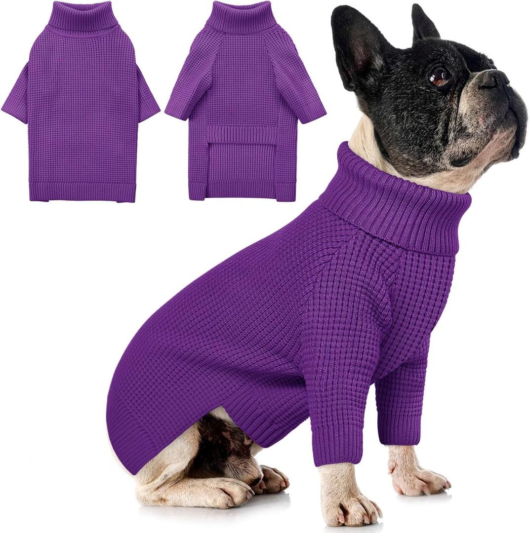 Queenmore Small Dog Sweater, Long Sleeve KnitSweater with Check Pattern, Warm Plaid Doggie Sweaters for Small Medium Dogs, Solid Pull-on Cat Knitwear, Purple S