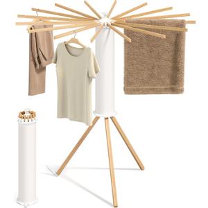 SONGMICS Clothes Drying Rack Foldable, Rotary Tripod Laundry Drying Rack, Rotatable Portable Floor Standing Clothes Airer, Laundry Room Balcony, 16 Pull-Out Wood Arms, Natural Color ULLR530YW01, 16 Poles