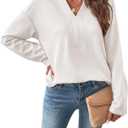 SHEWIN Womens Casual V Neck Sweatshirt Long Sleeve Lightweight Drop Shoulder Solid Pullover Tops (White, XXL)