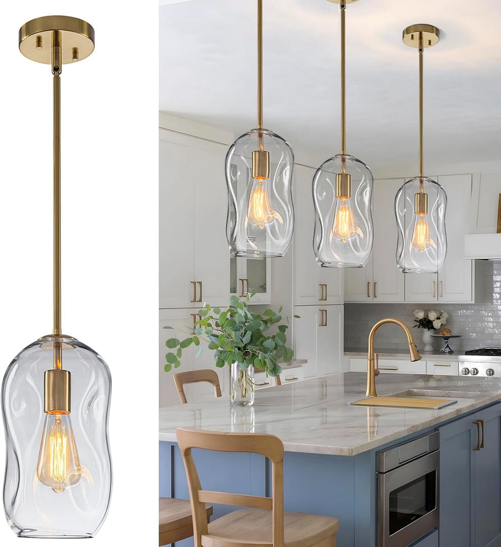 Blown Glass Pendant Light Fixtures, Island Lights for Kitchen 3 Pack Modern Gold Bar Lights Hanging with 11.4in Height Clear Thick Organic Glass Shade for Dining Table Hallway,E26