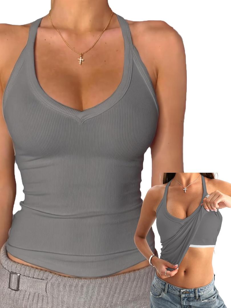 Danysu V Neck Cotton Tank Tops with Built-in Shelf Bra Sleeveless Racerback Fitted Basic Cami Shirts (Small, Heather Grey)
