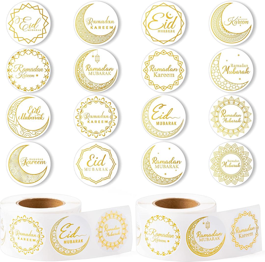 Ramada Eid-Al-Fitr Stickers Rolls - 1000pcs(2 Rolls)Gold Ramadan Eid Al Fitr Party Moon Pattern Round Sticker Roll Gift Tag Label Self-Adhesive Giftwrap Decal Gift Wraping Waterbottle Scrapbook