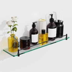 20 Inches Glass Shelves for Bathroom, Matte Black Floating Glass Shelf Stainless Steel Tempered Glass Bathroom Shelves for Wall Mount Modern