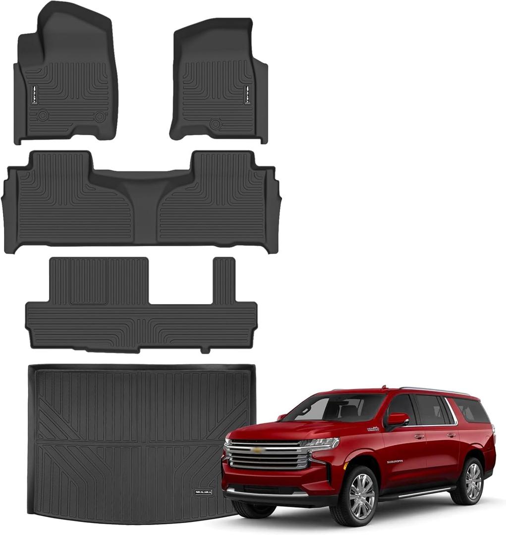 Floor Mats & Cargo Liner for 2021-2025 Chevrolet/Chevy Suburban/GMC Yukon XL 8 Seats All Weather Protection TPE Rubber Full Set Automotive Floor Liners Accessories (2nd Row Bench Seats)