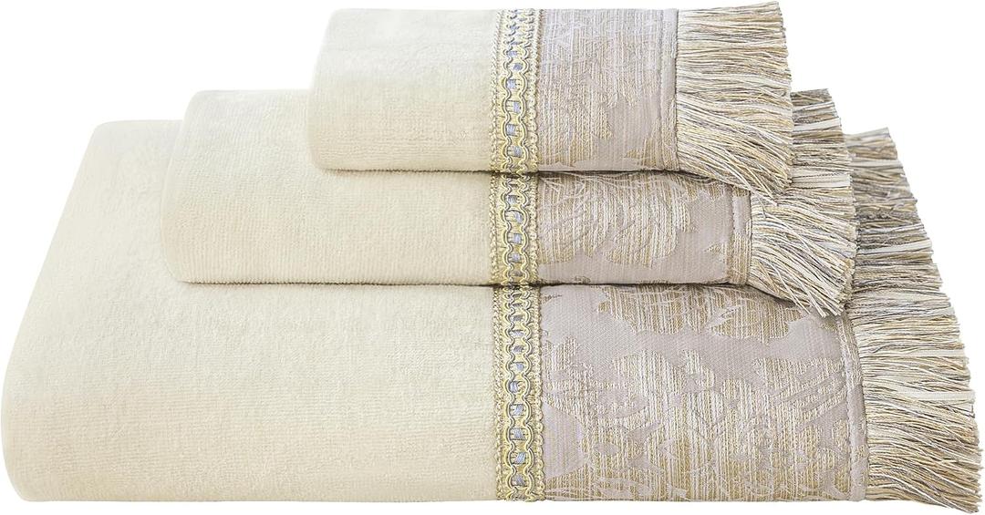 Loom and Mill Luxury Cotton Bath Towel Set 3 Piece-1 Bath Towel 1 Hand Towel 1 Wash Cloth, Ultra Soft Decorative Towel Sets High Absorbent for Bathroom, Elegant Jacquard Design(Ivory-Beige Sliver)
