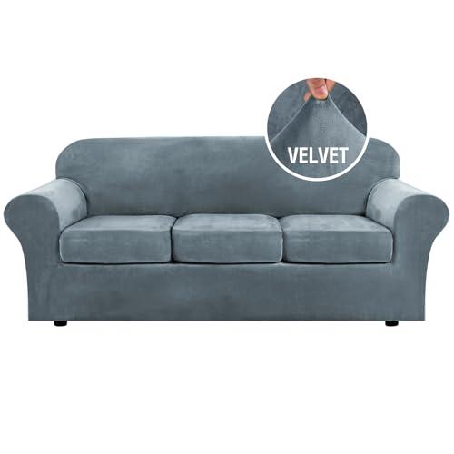 H.VERSAILTEX Modern Velvet Plush 4 Piece High Stretch Sofa Slipcover Sofa Cover Furniture Protector Form Fit Luxury Thick Velvet Sofa Cover for 3 Cushion Couch Width Up to 90 Inch (Sofa,Stone Blue)
