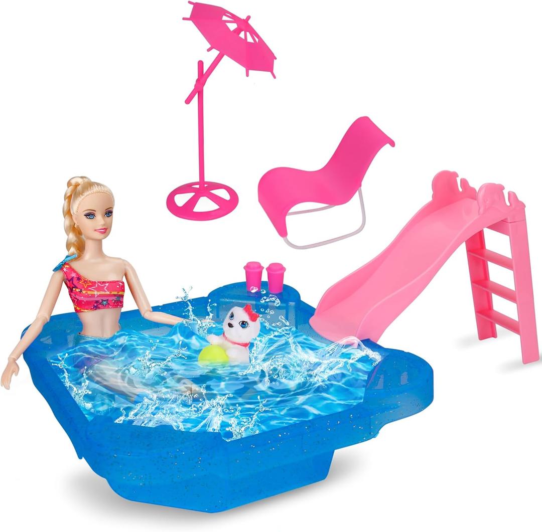 BETTINA Pool Playset - Glam Pool with Slide, Doll Pool Accessories Includes Beach Chair, Beach Umbrella, Dog, Swimming Pool Set for 12 Inch Dolls, Bath Toys for Dolls