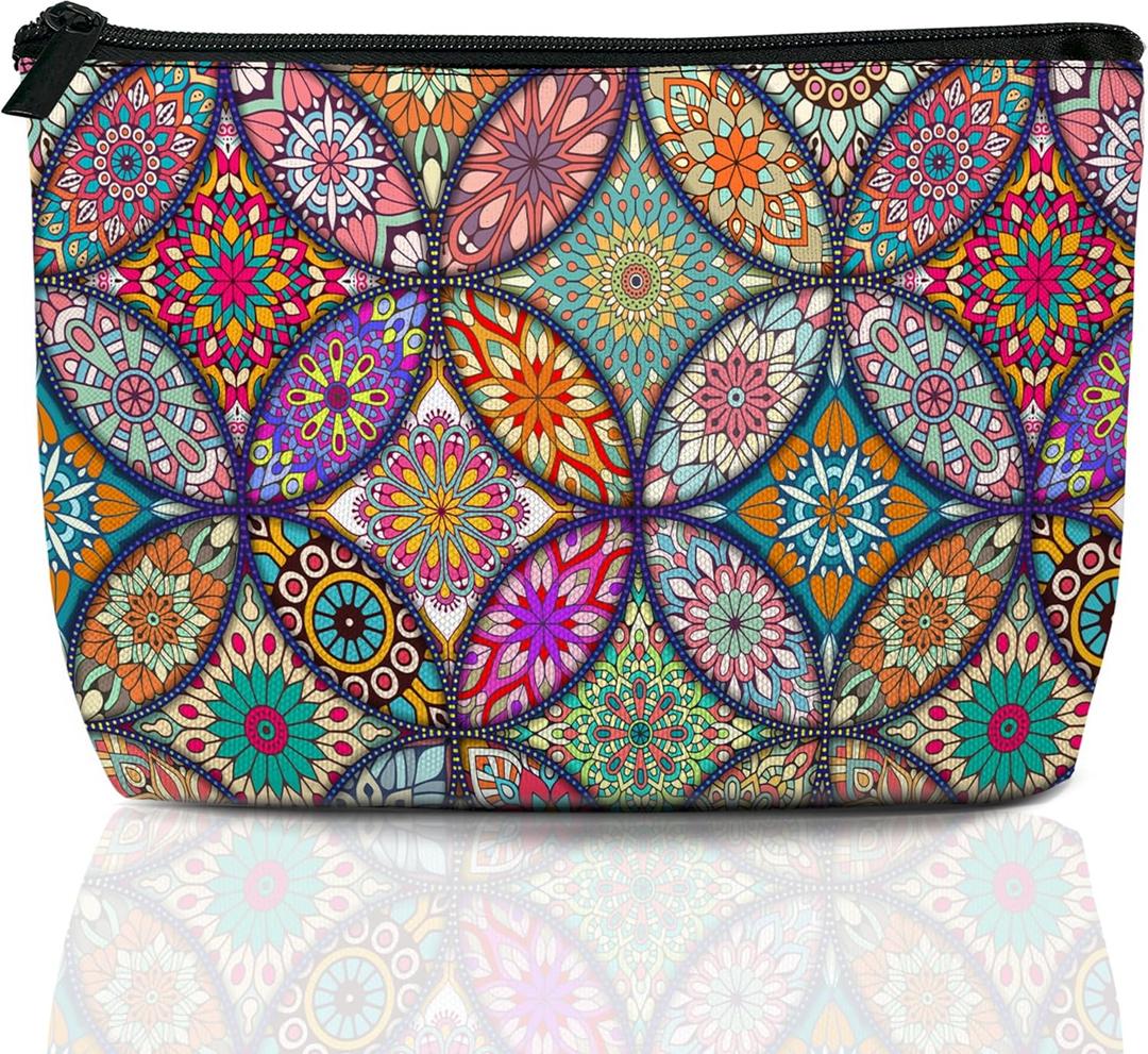 Boho Mandala Travel Makeup Bag,Vintage Flower Cosmetic Bags Small Waterproof Zipper Women Purse Mini Portable Traveling Organizer Pouch for Ladies Thanksgiving Gifts 