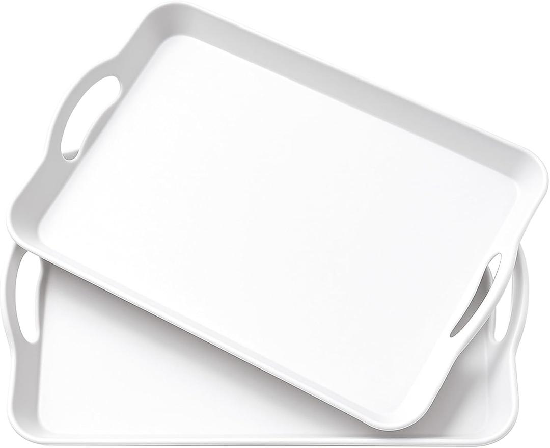 Set of 2 Large White Melamine Serving Tray with Handles, Rectangular Outdoor Dinner Tray Plastic Fruit Serving Platters Trays for Eating, Appetizer, Charcuterie, Snack, Fruit, Desserts, Food Parties