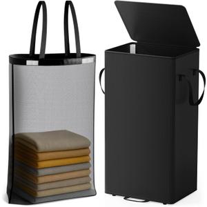 Criusia Laundry Hamper with Lid and Foot Pedal, 100L Fabric Laundry Basket with Removable Mesh Bag, Slim Foldable Design for Bathroom and Laundry Room (Black)