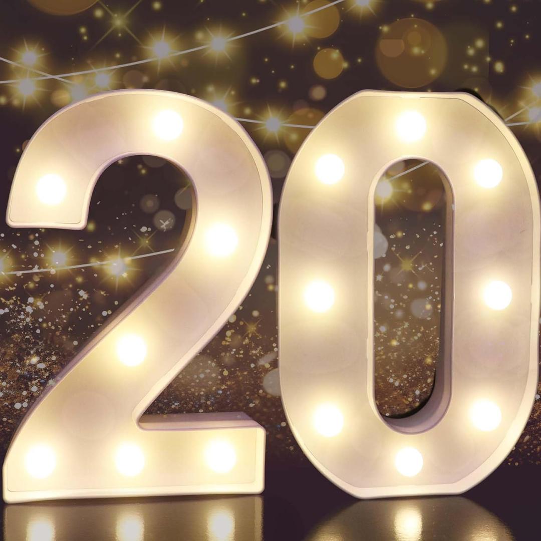 Pooqla 20th Birthday Decorations for Her Him, Light Up Number 20 for Party Table Decorations, 20th Birthday Gift for Women Men, Backdrop Wall Decor for 20th Wedding Anniversary Decoration (White)