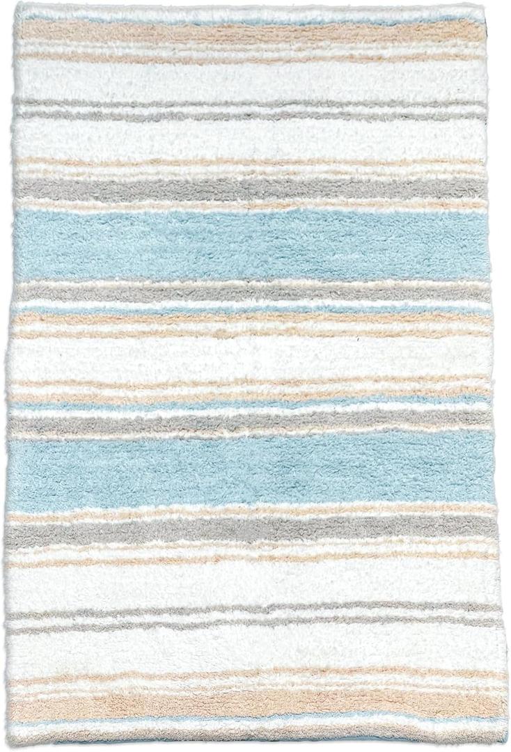 Chardin home Maui Bath Mat, 21 x 34 Inches | Non Slip Bathroom Rug, Machine Washable, Plush, Highly Absorbent | Costal Blue-Beige-White