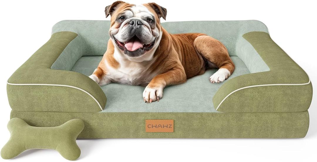 CWAWZ Dog Beds for Large Dogs, Orthopedic Dog Bed with Cooling Gel Memory Foam, Waterproof Large Pet Bed with Removable Washable Cover, 36" Pet Sofa Couch Dutch Velvet with Bone Toy, Dark Green