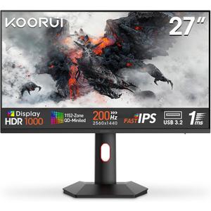 KOORUI Monitor, 27 1ms 200Hz Gaming Monitor, Mini-LED Panel- 1440P WQHD 300000:1 Contrast Ratio Computer Screen, HDR 1000 Display, 97% DCI-P3, Tilt Adjustable, HDMI/DP, Eye Care