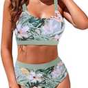 Womens High Waisted Bikini Sets Sporty Crop Top Color Block Swimweasw Bandeau Scoop Neck Vintage Two Piece Bathing Suits, size Large