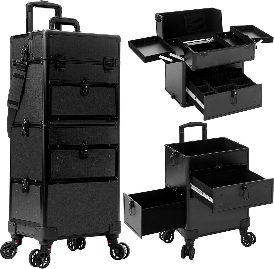 AROUS Rolling Makeup Case with 3 Drawers, Cosmetology Case on Wheels 5 IN 1 Makeup Train Case Make Up Organizer for Artist Salon Nail Teach Trunk,Black