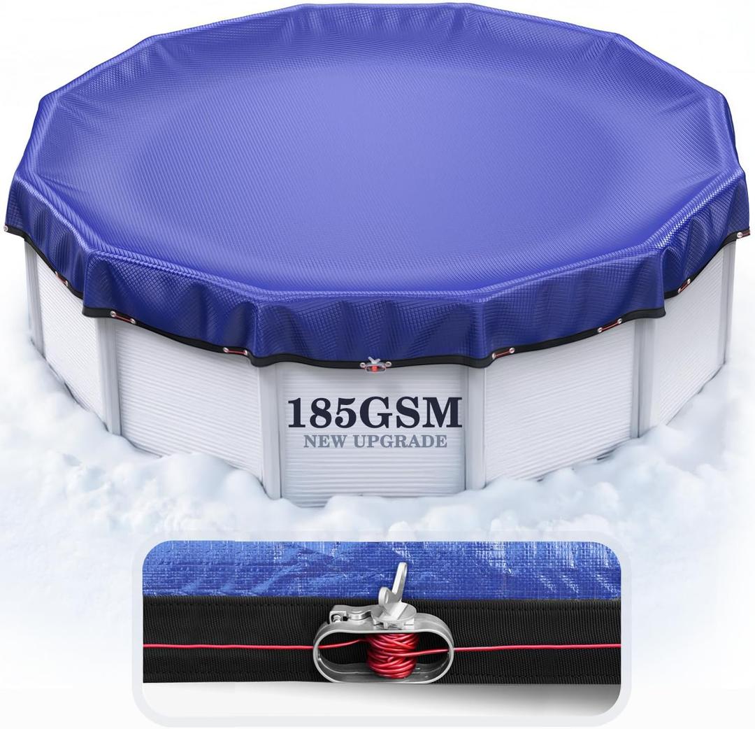 [2025 Upgrade 185GSM] UIRWAY 28FT Winter Pool Cover Heavy-Duty PE Above Ground Round Pool Cover, Metal Buckle, Cold & UV Resistant, Tearproof, Blue
