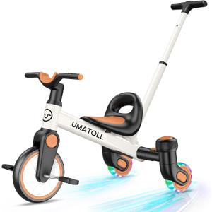 Umatoll 3-in-1 Toddler Tricycle for 18 Months to 5 Year Old, Toddler Toy with Adjustable Push Handle, Gift for Boy Girl Age 2-4, 360° Light-Up Drift Wheels (White)