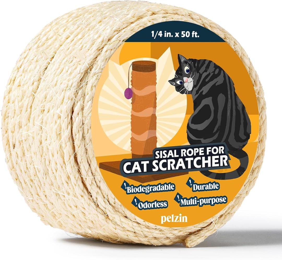 Pelzin Natural Sisal Rope for Cat Scratcher - 1/4 Inch by 50 Feet, Cat Tree Rope Twine for Scratching Post Replacement, Repairing, Recovering and DIY, White