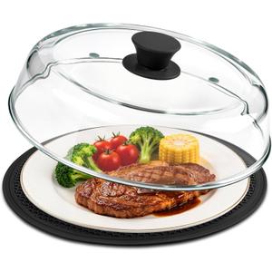 10inch Glass Microwave Splatter Cover for Food with Silicone Mat Heat Resistant Plate Splatter Guard Lid with Vent Holes & Easy-Grip Handle BPA Free, Dishwasher Safe