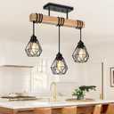 3-Lights Farmhouse Dining Room Pendant Light Fixtures Over Table, Rustic Solid Wood Kitchen Island Lighting Hanging with Metal Shades, Modern Black Ceiling Pendant Lamp for Living Room Hallway