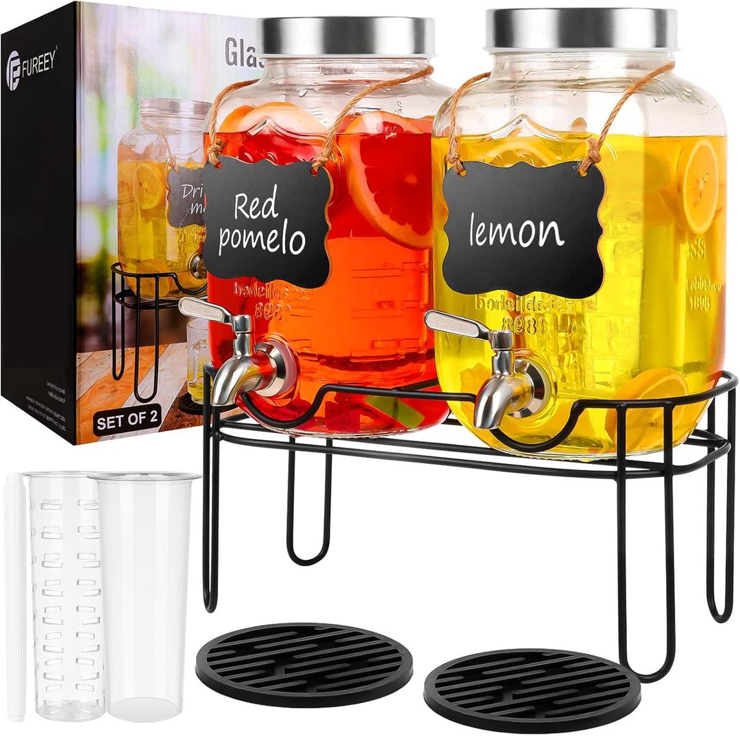 Drink Dispenser,2PACK Glass Drink Dispensers for Parties,1 Gallon Beverage Dispenser with Stand, Stainless Steel Spigot Leak proof, Come with Ice Cylinder, Fruit Tube and 2 Rubber Mats