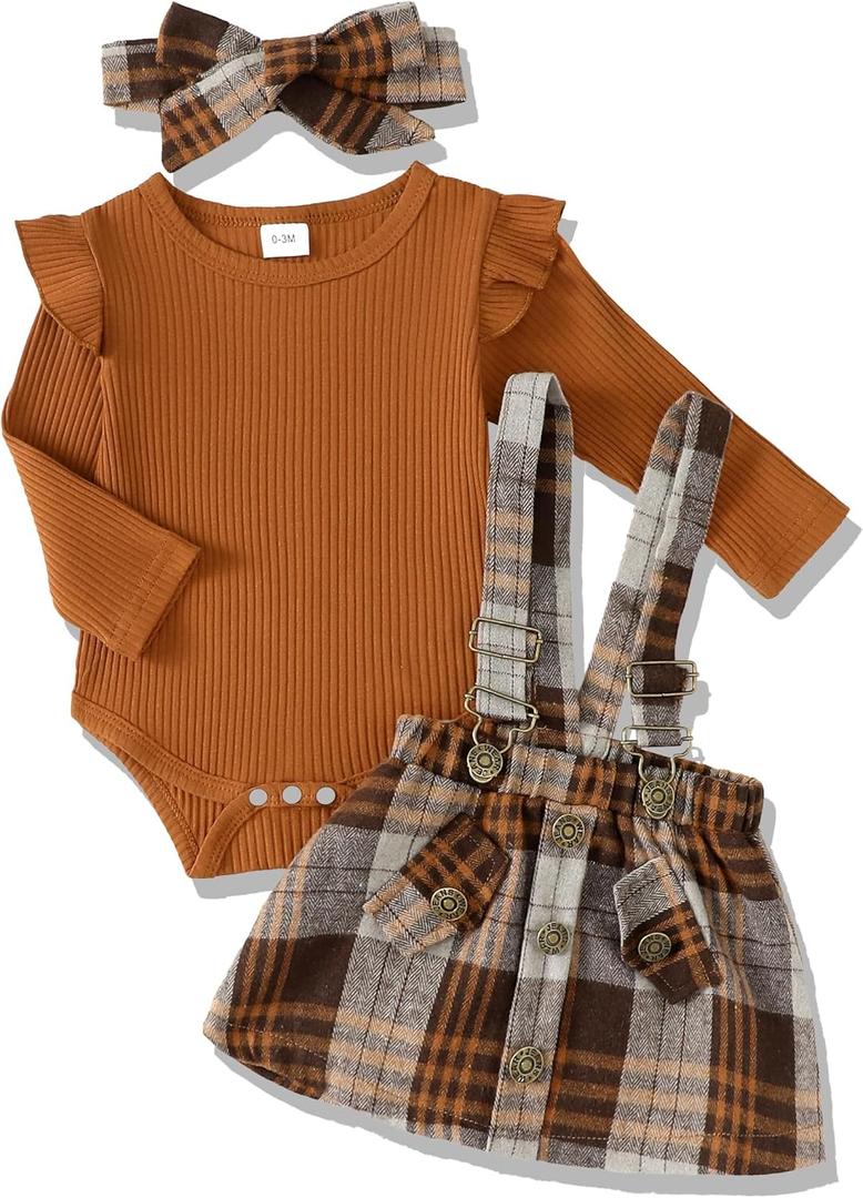 Newborn Infant Baby Girl Dress Clothes Winter Outfits Top Romper Overalls Dresses Suspender Skirt Set for Girls (0-3 Months, Coffee Plaid)