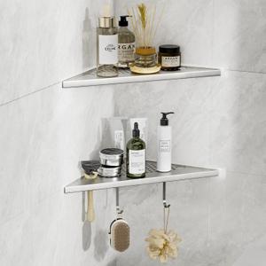 Corner Shower Shelves with Razor Slot & 2 Hooks, 10" Stainless Steel Recessed Triangle Shelf Racks for Bathroom, Grout in Shelf for Tiled Wall, 2 Pack (Holds 15lbs)