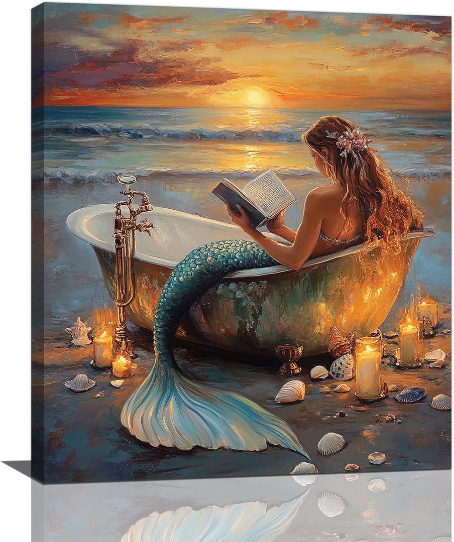 Mermaid Bathroom Wall Art, Mermaid Reading in Bathtubs Canvas Wall Decor, Rustic Coastal Sunset Framed Painting, Ocean Artwork for Living Room Bedroom 24L''  20W''