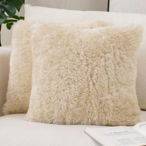 Ultra Soft Faux Fur Fluffy Pillow Covers 18x18 Inch, Beige | Pack of 2 Plush Decorative Throw Pillows, Plush Fuzzy Pillow Cases, Accent Home Decor for Couch Sofa Bed Living Room