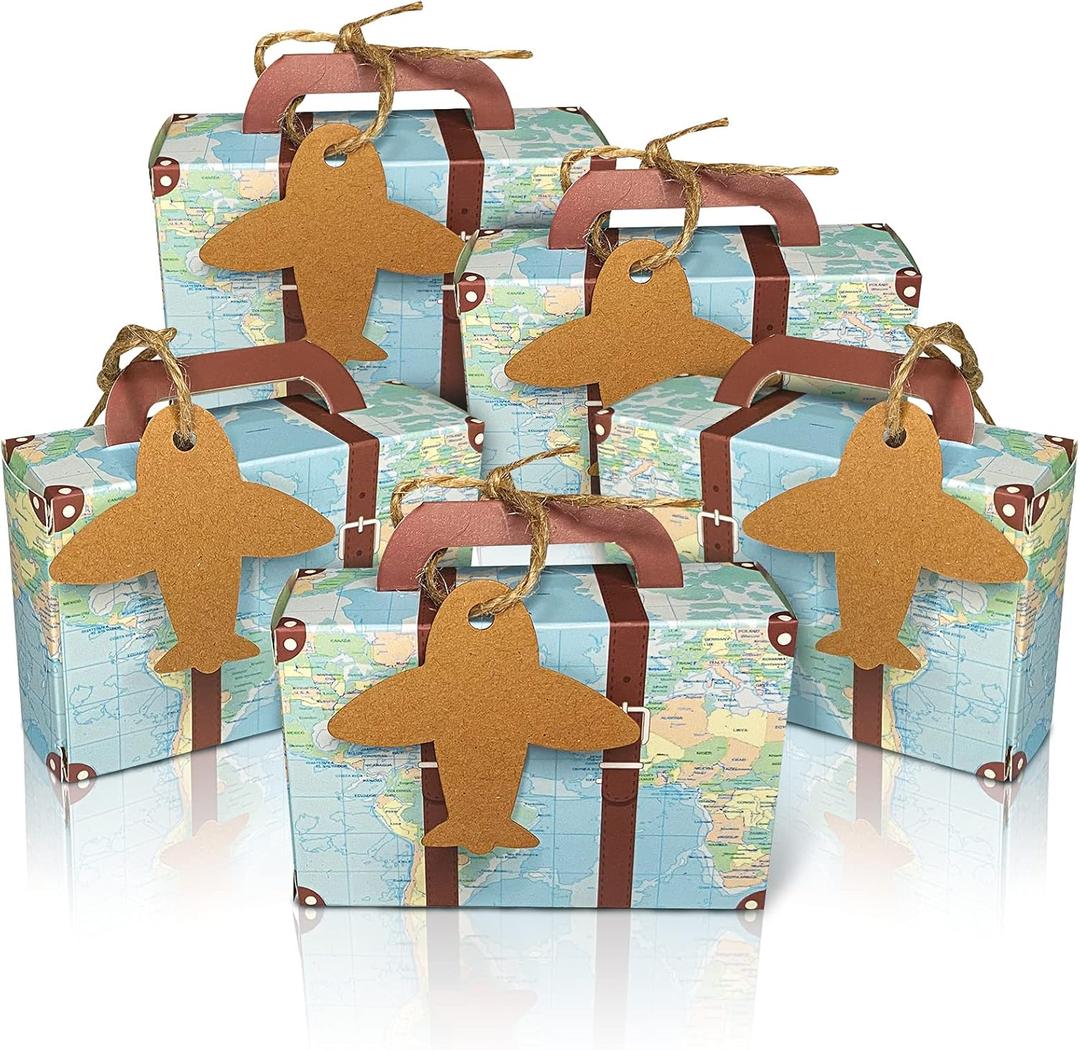 50Pcs Party Favor Candy Box, World Map Mini Suitcase Favor Box, Vintage Kraft Paper with Tags and Burlap Twine for Travel Themed Party, Bridal Shower, Wedding Decorations