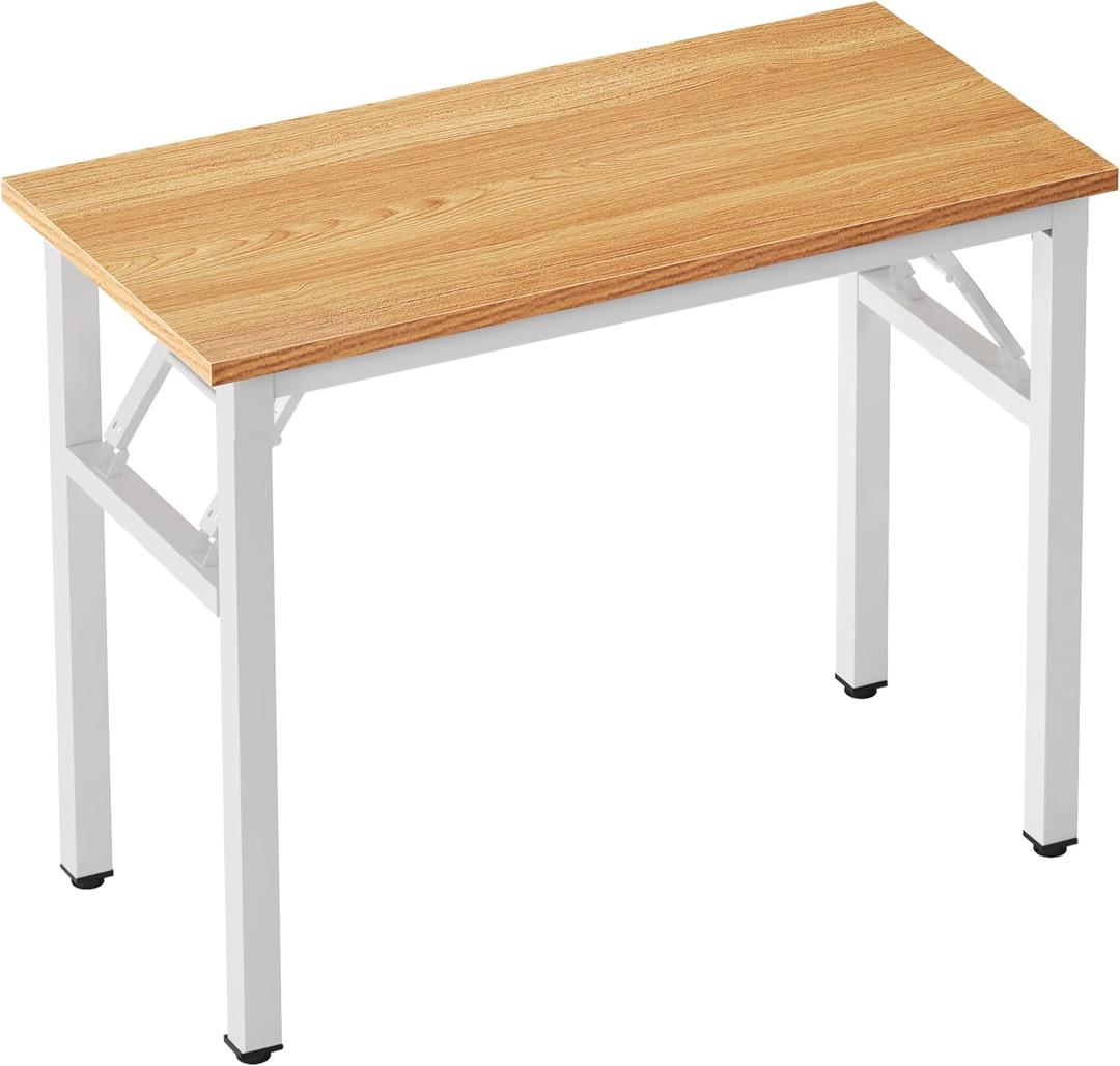 sogesfurniture Small Computer Desk 31.5 inches Folding Table No Assembly Sturdy Writing Desk Folding Desk for Small Spaces, Teak Color Desktop and Black Steel Frame, Teak & White