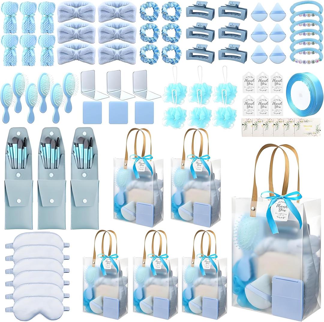 121 PCS Baby Shower Prizes for Winners Gifts Baby Shower Favors including Headband Hair Brush Compact Mirror Bath Sponges Powder Puff Hair Tie Claw Makeup Brushes Gift Bag Bridal Shower (Blue)