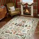 jinchan Christmas Rug 5x7 for Living Room Bedroom Holiday Decorative Rug for Dining Room Foyer Christmas Tree and Cabin Printed Xmas Decor Washable Non Slip Floor Carpet Green on Beige