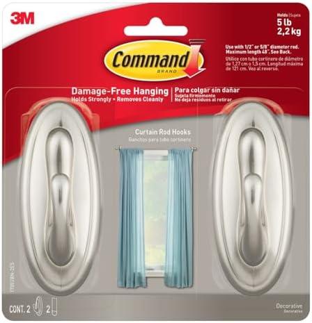Command 5 lb Large Brushed Nickel Color Hooks, 4 Pack of 2 Wall Hooks and 2 Command Strips, Hooks for Hanging Home Decor, Wall Decor, and Room Decor