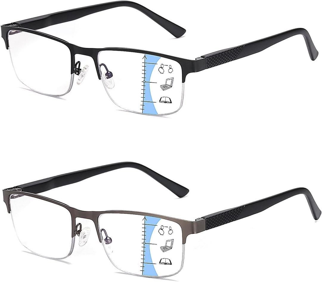 Missfive 2 Pack Mens Quality Progressive Multifocus Reading Glasses Blue Light Blocking, Man Spring Hinge No-Line Multifocal Readers Half Frame Metal Eyeglasses (Workspace For Near Range, 2.5x) (Multifocal,non-0 Lens Top/ 1 Black+1 Gunmetal)
