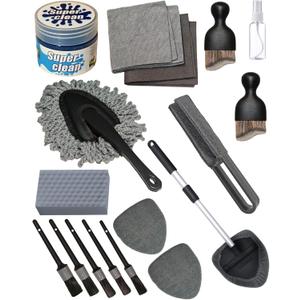 18Pcs Professional Car Interior Detailing Kit All-in-One Cleaning Tools for Windows, Dashboard, Vents, Windshield Cleaner Brush, Magic Sponge, Chamois Cloth, Detailing Brushes & Accessories