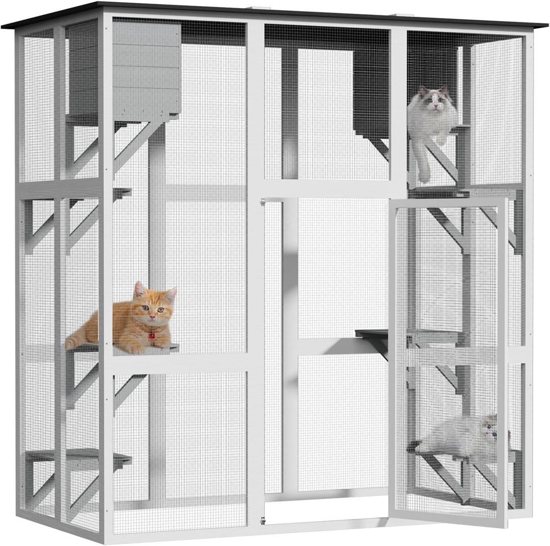Catio Outdoor Cat Enclosure, Large Kitty House Cat Condo Playpen with Platforms & Living House for Mulitiple Cats with Waterproof Roof 71", White
