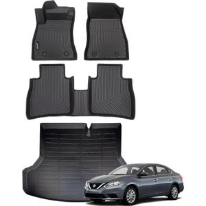 Car Floor Mats & Cargo Liner for 2014-2019 Nissan Sentra S/SV/SR All Weather Full Set Automotive Floor Liners Custom for Sentra Accessories Black Trunk Mat
