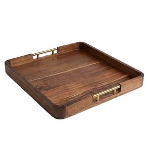 Acacia Wood Serving Tray with Metal Handles, 19.5x19.5in Food Drinks Tray for Coffee Table, Breakfast, Dinner & Bar, Natural Decorative Storage Tray for Ottoman, Kitchen
